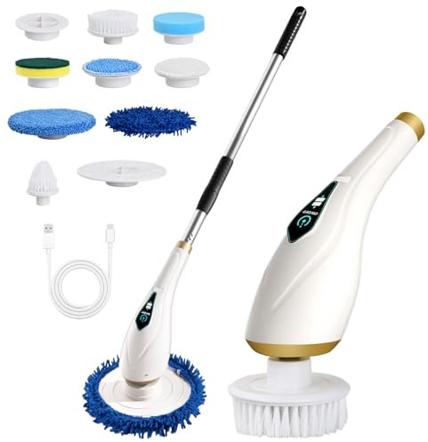 Mapille Cepillo de Limpieza Electrico, Cepillo Limpieza Hogar, Cepillo Electrico Limpieza Kit con Mango Ajustable, Cepillo de Limpieza Giratorio para Baño,Cocina, Coche, Azulejos, 8 Cabezas de Cepillo
