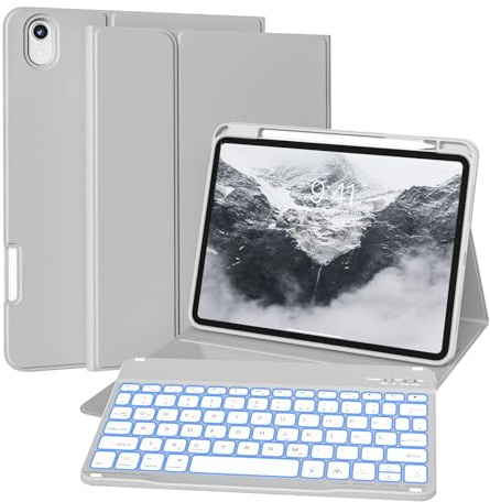 ZKTUYU Hülle mit Tastatur für iPad (A16) 11./10. Generation 2025/2022 | 7-farbige Beleuchtung Magnetische Tastatur, Weiche TPU Rückschale mit Stifthalter, für iPad 11/10 Gen (11/10,9), Grau
