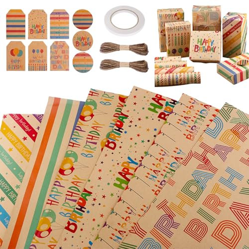 6 Rouleaux Papier Cadeau Papier Anniversaire d'emballage, Rouleau de Papier Cadeau, Feuilles Kraft Rouleau, avec Étiqueter et Ficelle, 70x50cm, pour Femme Fille Bebe Homme Garcon Enfant