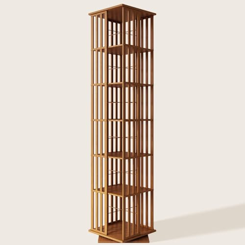 XIMN 360° Rotating Bamboo CD/DVD Shelf - 6-Tier Space-Saving Media Storage Cabinet for Movies, Organizer with Super Compact Design (Walnut, 6 Tier)