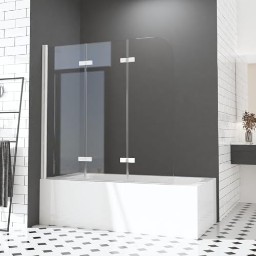 Duschwand für Badewannen 130 x 140 cm 3 teilig faltbar Duschwand Faltwand Duschabtrennung Sicherheitsglas Nano Glas,Weißer Aluminiumrahmen
