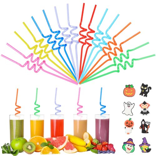 32 Stück Kinder Strohhalme, Wiederverwendbare Kunststoff Trinkhalme, Gekräuselte Crazy Straws Cartoon-Dekor, Bunte Strohhalme für Kindergeburtstag, Party Deko, Schule & Feiertage