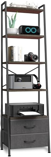 Whitmor 5-Tier Ladder Bookshelf with 2 Drawers, Narrow Modern Display Bookcase with Wood Shelves & Metal Frame, Freestanding Storage Rack for Living Room, Bedroom, Bathroom, Home Office, Black