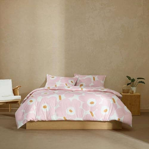 Marimekko Queen-Bettwäsche-Set, Bettwäsche aus 100% Baumwolle mit natürlich weichem Gefühl, mittelschwer für ganzjährigen Komfort, 3-teiliges Bettwäsche-Set mit passenden Kissenbezügen (Unikko Rosa)