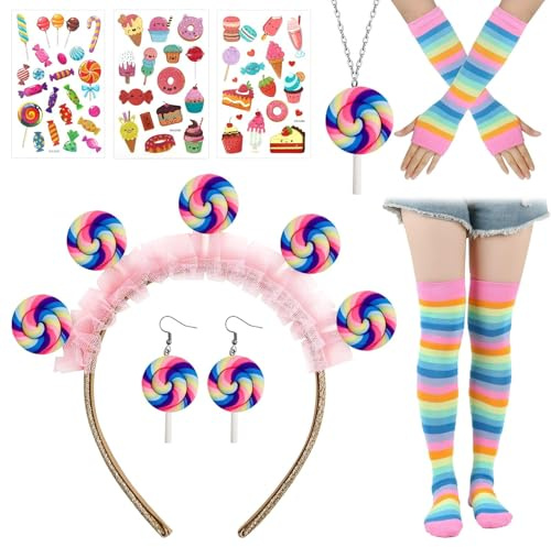 Süßigkeiten Lollipop Kostüme für Damen,Fasching Karneval Lollipop Kostüm | Candy Kostüm Cosplay mit Haarreif,Tattoos Bonbon,Fingerlose Handschuhe,Ohrringe,Halskette für Weihnachten Halloween