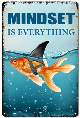 PRESSINART Mindset is Everything Metallschild Hai Blechschild Blaues Ozean Fisch Rechteck Vintage Inspirierendes Poster Für Zuhause Bars Restaurants Wohnzimmer Cafés Pubs Wanddekoration 12 x 8 Zoll