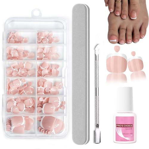 False Toenails Kit - Toe Nails False French Tip Kit - Square Light Pink Fake Toenails With White French Tip - 120pcs Nails In 12 Sizes With Nail File Set For Daily & Holiday