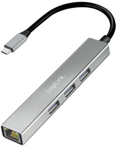 LogiLink USB 3.2 Gen1 Hub mit 3X USB-A, 1x RJ45 Gigabit Ethernet Adapter, Thunderbolt kompatibel, Datenübertragung bis 5 Gbit/s, Windows/MacOS/iOS/Android/Linux/Chrome OS
