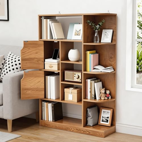 YITAHOME Freistehendes Bücherregal mit 9 offenen Regalböden und 2 Türen (Stoffbezug) für Wohnzimmer, Schlafzimmer, Büro, Eichenfarbe, 80 × 24 × 120 cm (B × T × H)