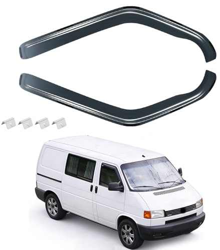 ISINEVER Windabweiser Regenabweiser kompatibel mit VW T4 Bus Transporter 1990-2003, Selbstklebend Tape-On Autofenster Regenschutz Regenabweiser Deflektoren, 2-TLG Set, Rauchgrau, Vorne,Aerodynamisch