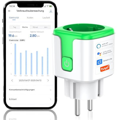 QUEENWEN WLAN Steckdose 16A Smart WiFi Steckdose mit Stromzähler | Smart Steckdosen mit Zeitschaltuhr Smart Plug mit Sprachsteuerung, Kompatibel mit Tuya APP Smart Life, 2.4GHz