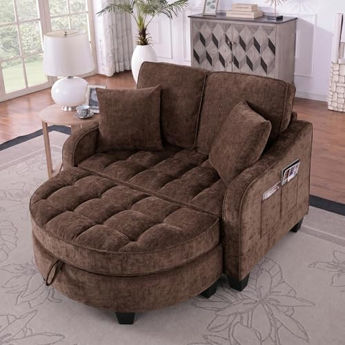 Ligterra Sofa mit Schlaffunktion, Sofa Klein, Chaiselongue, 2-in-1 Schlafsofa, Aufbewahrungs-Hocker & 4 Kisse, für Kleine Wohnzimmer, Studienzimmer, Schlafzimmer, 132×129×93cm (Kaffebraun)