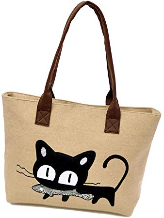 MINGZE Frauen Schulter Beutel, Segeltuch Tasche Maedchen Niedliche Katze fressen Fische Einkaufstaschen Handtaschen Strand Taschen Handtaschen (Khaki)