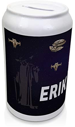 LolaPix Personalisierte Spardose. Star Wars. Hochwertige Keramik und Zinn. Weiß. 11x6 cm. Art Deco. Geldbörse für Erwachsene und ältere Kinder, die Fans von Star Wars und Technologie sind.