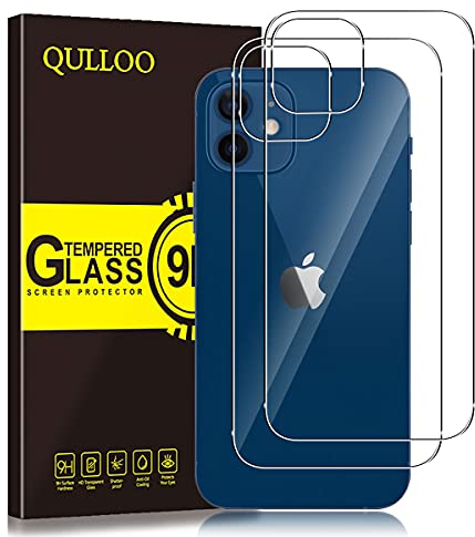QULLOO pour iPhone 12 Arrière Verre Trempé, 9H Dureté Film Protection Arrière Anti-Rayures Écran Protecteur Vitre pour Apple iPhone 12 (6,1 Pouces)