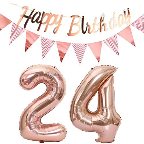 Luftballons 24.geburtstag deko frauen rosegold+Happy Birthday Girlande +Wimpelkette 40Zahlen Ballon 24 Luftballons 24 Jahre Geburtstag Dekoration frau Geburtstagdeko 24 Geburtstag deko rosegold(24)