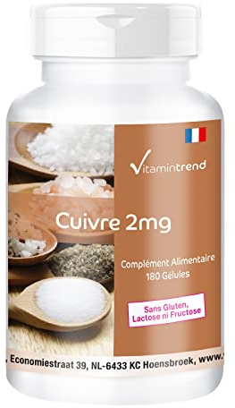 Vitamintrend Kupfer 2mg Tagesbedarf, 180 Kapseln, schluckfreundlich, hochdosiert, Nahrungsergänzungsmittel vegan ohne Magnesiumstearat, in Deutschland hergestellt