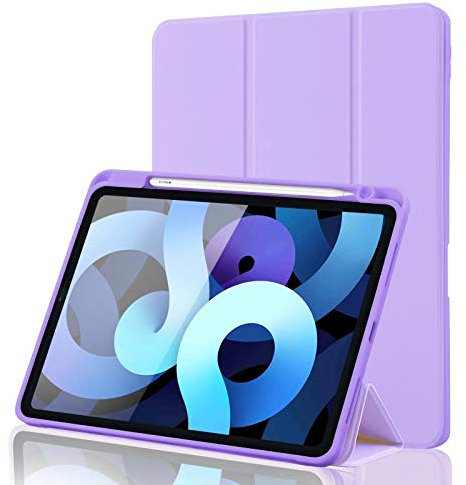 Cover Custodia Compatibile con iPad Air 5 2022/iPad Air 4a 10.9 2020 con Portapenne Supporta la Ricarica iPencil di 2a Gen, Cover Tablet Sottile con Retro in Morbido TPU Auto Sveglia/Sonno, Viola