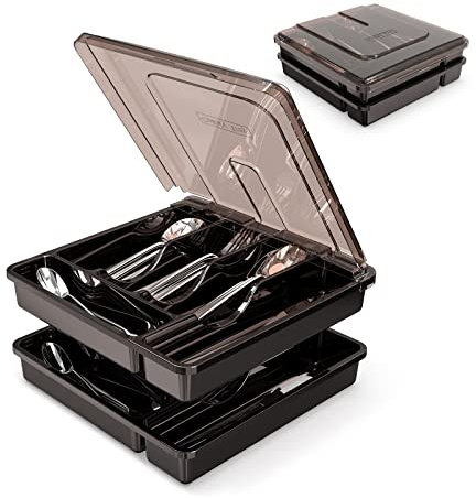 SUICGYU Silverware Organizer with Lid for Drawer, Plastic Utensil Holder for Countertop, Flatware Organizer Cutlery Tray with Cover 5 Compartments (2 Layer-Black)