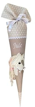 Glückspilz Schultüte mit Namen personalisiert, Pferd, Zuckertüte aus Stoff genäht, mit Kissen, Beige