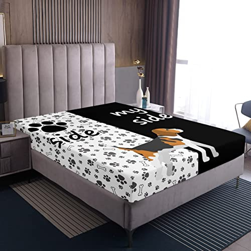 Schönes Hundepfoten Bettlaken 160 x 200 x 30 cm Süße Welpenknochen Spannbettlaken Heimdekoration Bettwäsche Jungen Kinder Schwarz Weißes Tierbettwäsche Set Hund Seite Meine Seite Spannbettlaken