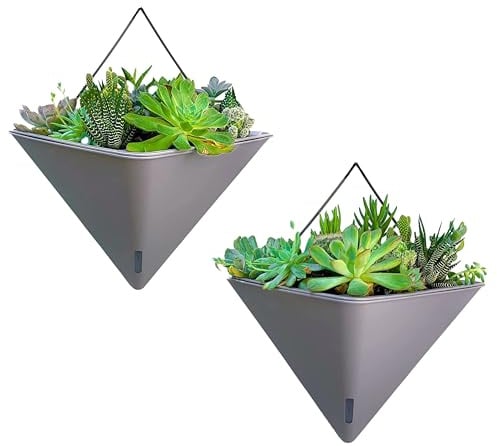 LaLaGreen Lot de 2 pots de fleurs succulentes murales à arrosage automatique pour plantes d'intérieur - Support mural triangulaire géométrique en métal noir - 30,5 cm