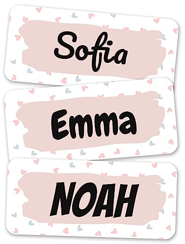melu kids® Personalisierte Namensaufkleber Kinder - Kleidung & Sonstiges (100 Stück) Kita/Schule - Namensschilder waschmaschinenfest und personalisiert (Herzen)
