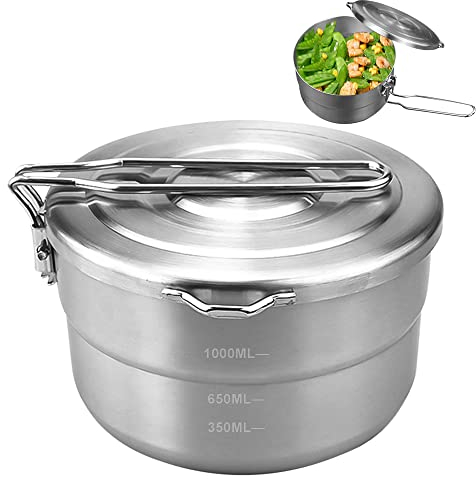 BNGXR Casseroles Camping, Cuisine de Camping en Acier Inoxydable Grande Capacité de 1,5L Avec Couvercle et Poignée Pliable pour 2 Personnes en Voyage Randonnée BBQ, Camping