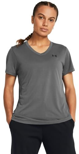 Under Armour Tech SSV Solid Camiseta de manga corta para mujer con cuello de pico, ligera camiseta de deporte, color gris brezo/negro