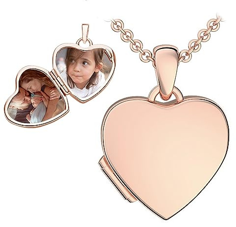 Kinder Medaillon Herz zum Öffnen für Bilder in Silber 925 und vergoldet | Gold / Rosegold, von AMOONIC, Halskette Mädchen Kette 38cm, Foto Upload Service & Gravur, Schmuck Geschenk für Kinder