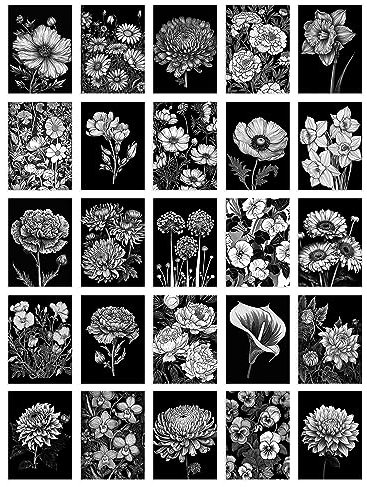 Artery8 50 Pcs Flower Floral Aesthetic Black White Collage Kit Wall Art Prints A6 Set Pack 14.8 x 10.5 cm (5.8 x 4.1) Wall Home Student Boy Girl Teen Room Elegant