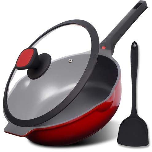diig Bratpfanne mit Deckel, 30cm/5L Antihaft Wokpfanne mit Slikon Pfannenwender, Aluminiumguss Flachpfanne Sauteuse Für alle Herdarten inklusive Induktion, Juwelenrot