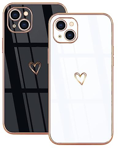 Lonrapa 2 Stück Silikon Hülle für iPhone 15 Handyhülle Süße Herz Muster Motiv Case für Mädchen Frauen Farbe Galvanisierte Weich TPU Bumper Stoßfest Schutzhülle iPhone 15 Phone Cover - Schwarz & Weiß