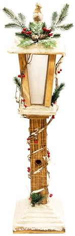 SHATCHI 85cm Battery Operated Wooden Lamppost Warm White Rotating Star LEDs Snow Covered Lantern Indoor Christmas Decorations, Wood, Brown