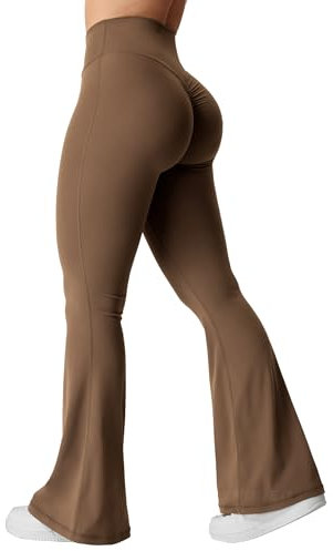 YEOREO Kalie Flare Scrunch Leggings für Damen, V-Ausschnitt, Kreuz-Taille, Glockenunterteil, Yogahose, Bauchkontrolle, Bootcut, Workout-Leggings, Braun, S