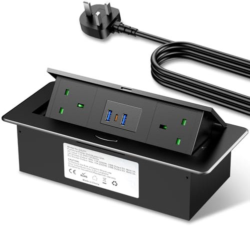 Desktop Power Socket with USB C, Airmom Recessed Power Socket 2 UK Plug, Aluminum Hidden Desktop Power Strip, Pop up Plug Socket for Kitchen, Worktops, Conference Desk, PD20W, 1.8M Extension Lead