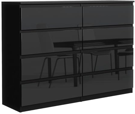 MebLocker Kommode mit 8 Schubladen 120 cm Ideal für Wohnzimmer, Schlafzimmer, Kinderzimmer, Jugendzimmer und Büro Moderne Elegante Lösung für stilvolle Aufbewahrung (Schwarz Glanz)