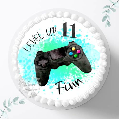 Tortenaufleger Gamer zum Geburtstag, personalisierbar mit Alter und Name, ⌀20cm Zuckerbild, Foto für Torten Controller, Fondant für Kinder 3043G