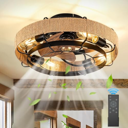 KZT Deckenventilator mit Beleuchtung und Fernbedienung Leise Ventilator Deckenleuchte Retro Rattan Schlafzimmerlampe E27 Eisenkäfig Fan Deckenlampe für Wohnzimmer Schlafzimmer Küche Lüfter Licht