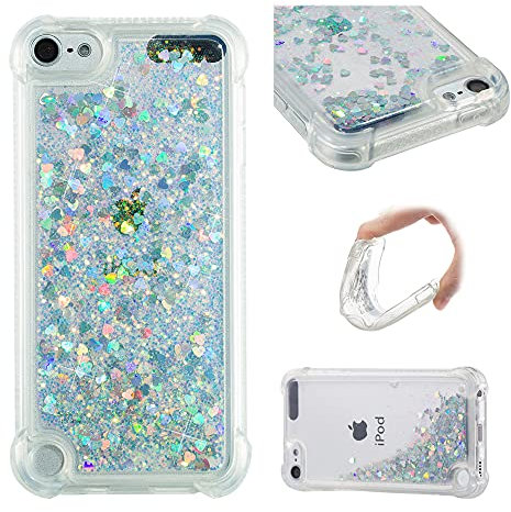 SIYOPINPFY Hülle für iPod Touch 7 / iPod Touch 6 Hülle mit Stoßfest, für Frauen Quicksand Glitzer Flüssigkeit HandyHülle Transparent Silikon Treibsand Schutzhülle für iPod Touch 5 Liebe Silber YB