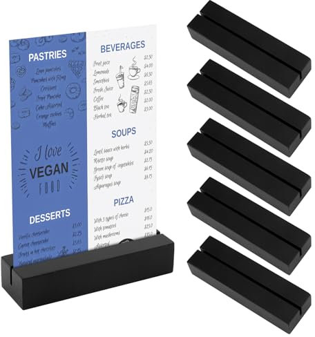 Maxmoc Lot de 5 porte-cartes en bois - Pour cartes de table, cartes de menu, cartes postales - Pour mariages, restaurants, banquets et fêtes - Noir