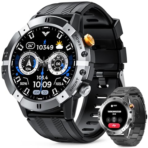 Militaire Montre Connectée homme avec appels Bluetooth, assistant vocal, écran HD rond 1,52, moniteur de fréquence cardiaque, tracker de sommeil, 100+ modes Sportifs, fitness pour Android iOS(grey)
