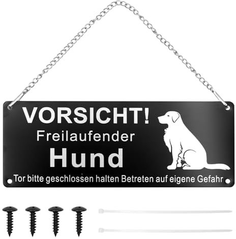 ZOCONE Achtung Hund Schild Set Freilaufender Hundeschilder Warnung mit Ketten Kabelbinder Schrauben, Selbstklebend Aluminium Aufhängbar Warnung vor dem Hund Schilder 10 * 25cm Schwarz Funktional