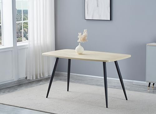 Weegstok Dining Table 140cm Oak Effect MDF Kitchen Table with Round Metal Legs, Modern Wooden Rectangular Dinner desk for 4-6 Person Dining Room, Restaurant, Apartments