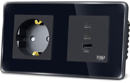 TAWOIA Prise Schuko avec interface de charge rapide de type C et USB de 65 W pour téléphones portables, tablettes et ordinateurs portables, 1 compartiment encastré avec plaque en verre incurvé 2,5D
