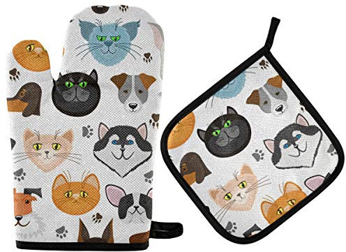 Vikeiac Set di guanti da forno e presina con motivo cane e gatto, resistenti al calore, accessori da cucina per cucinare grigliate