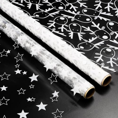 Rotolo di pellicola in cellophane per incartare i regali: pellicola in cellophane per cesti regalo 2 rotoli 3M x 80cm motivo renna e stella per cesti natalizi fiori incartare i regali