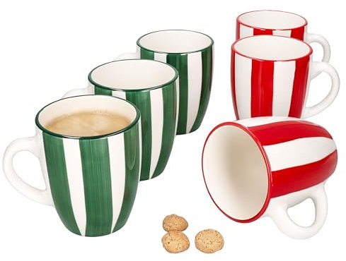 MamboCat Lot de 6 tasses à café motif cirque, 320 ml, en faïence, avec rayures rouges et vertes, pour 6 personnes, pour vin chaud, latte macchiato, etc. - Noël