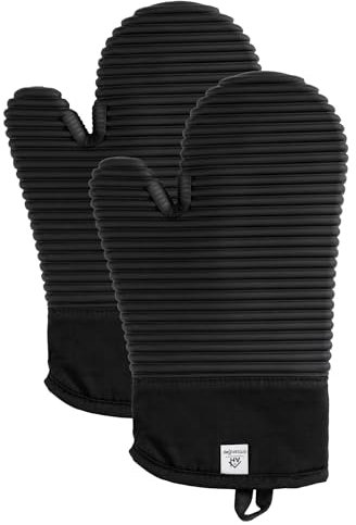 Black Oven Mitts - Pair Of Silicone Oven Gloves UK - Heat Resistant Oven Mitts Kitchen Accessory.