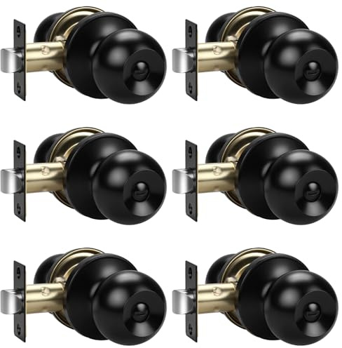 KNOBWELL Lot de 6 boutons de porte intérieure en acier inoxydable avec serrure en forme de boule ronde, sans clé, noir mat, pour chambre à coucher, salle de bain
